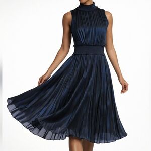 Nanette Lepore Pleated Smocked Mock Neck Midi Dress Navy Blue NWT 10 Elegant